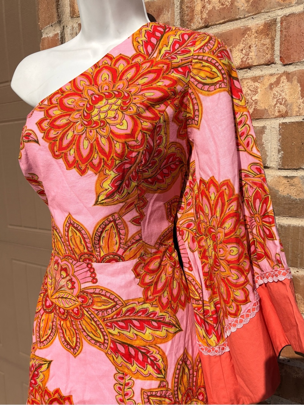 Adrianna Papell Pink One-Shoulder Floral Mini Dress with Coral Trim size 8 - Picture 7 of 11